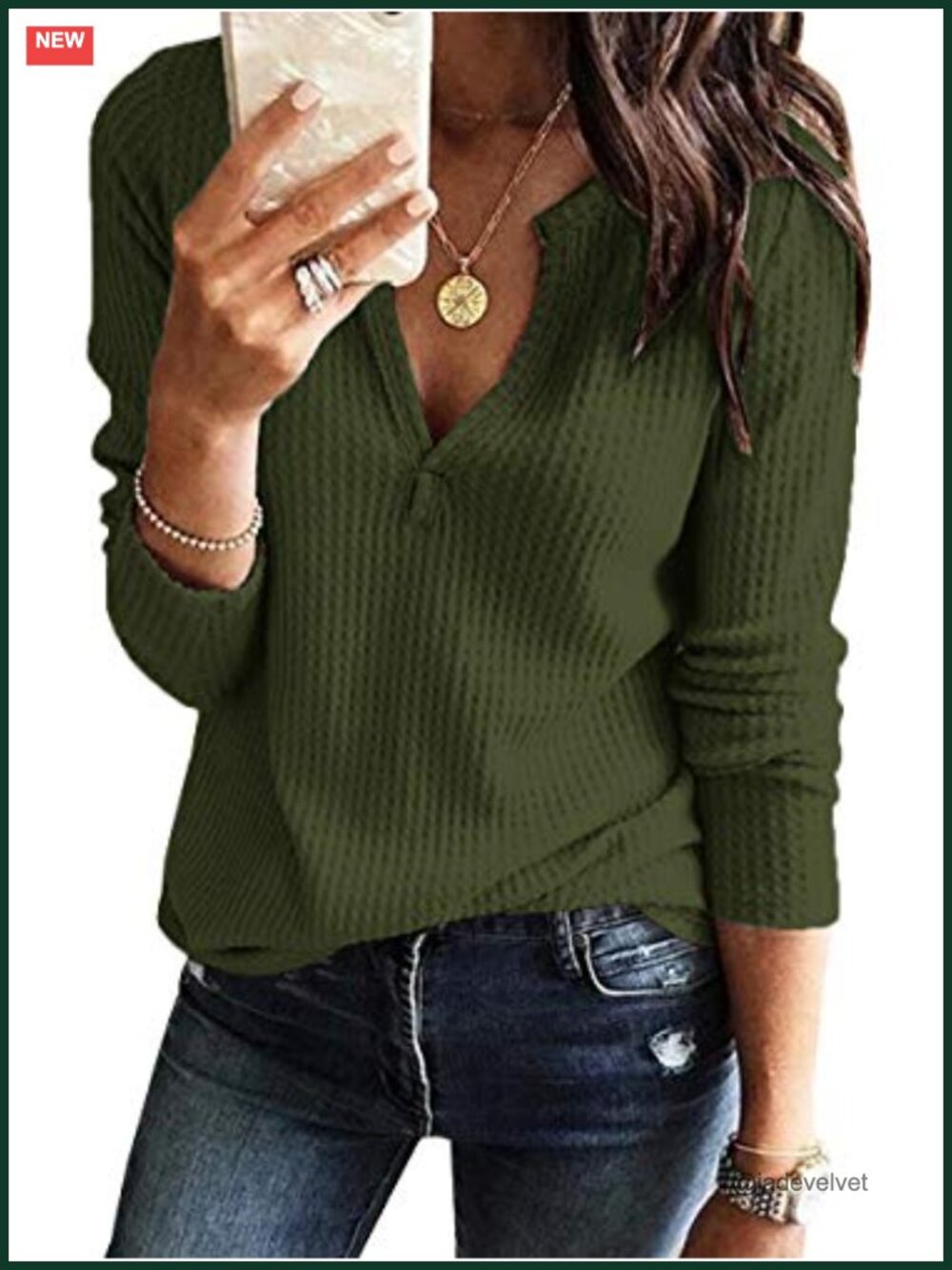 Waffle Knit V-Neck Long Sleeve Pullover Top